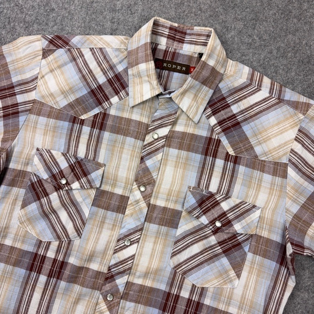 Roper Western Shirt Mens Medium Brown Plaid Short Sleeve Pearl Snap Cowboy Y2K